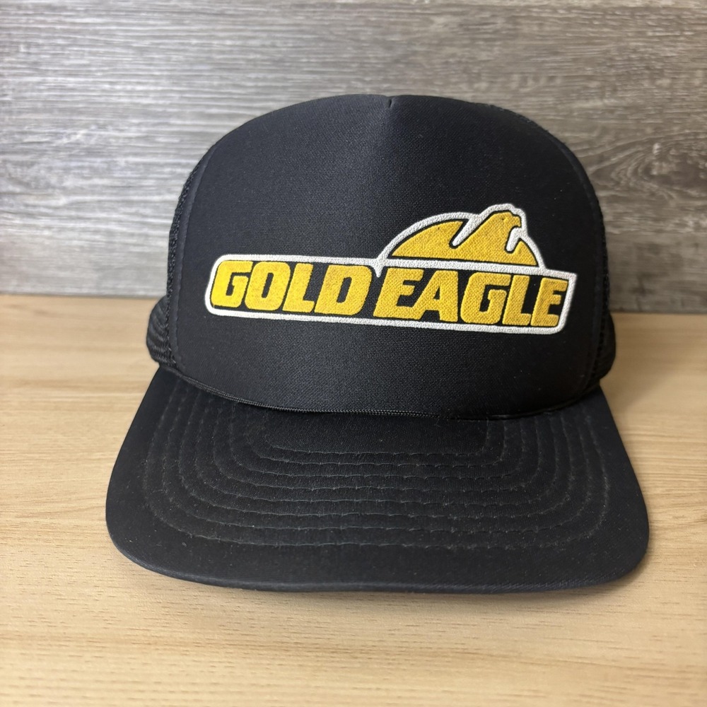 Vintage Gold Eagle Hat Cap Snap Back Black Yellow Trucker Mesh  Mens
